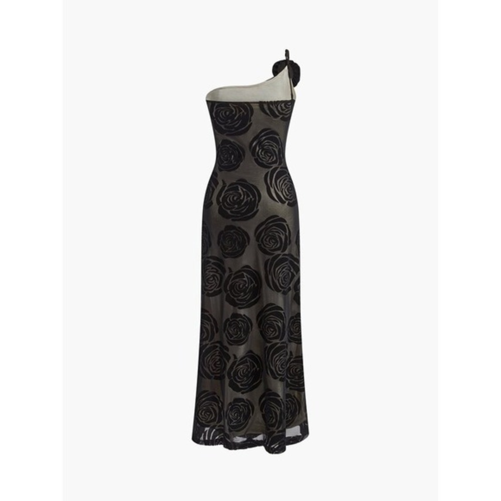 COMMENSE Jacquard Floral Asymmetrical Black Maxi Dress 3D Rose Evening Gown M - Picture 13 of 15